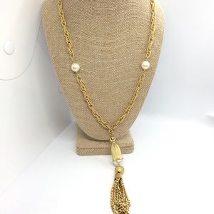 Gold Tassel Pearl Accent Long Necklace